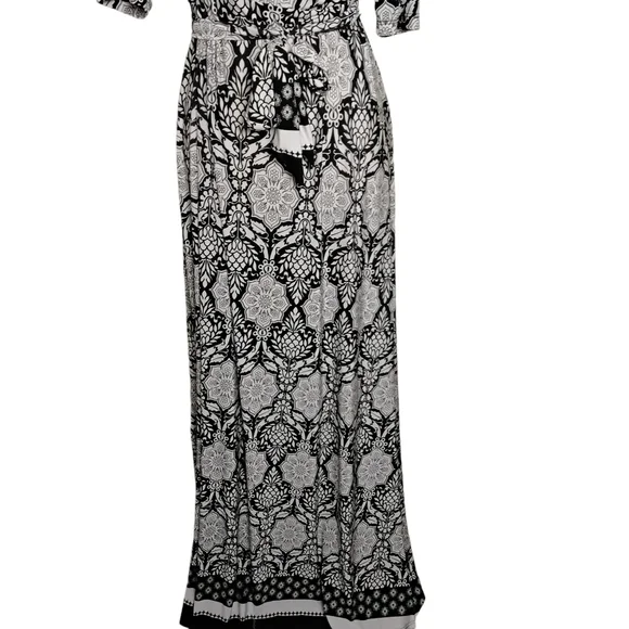 Women's Black White Floral Tie Wrap Stretch Maxi Dress L - Picture 5 of 6